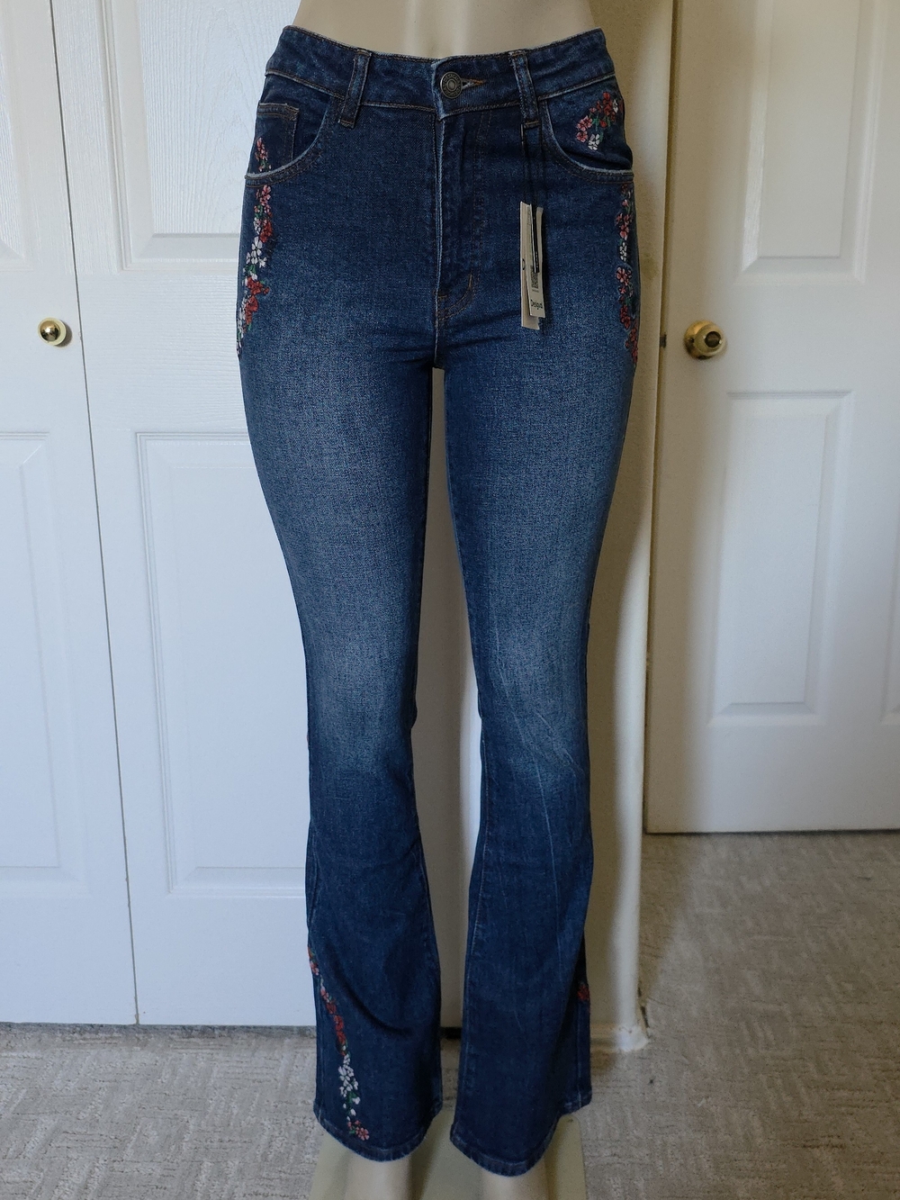 Dark Blue Embroidered High-Rise Flare Jeans